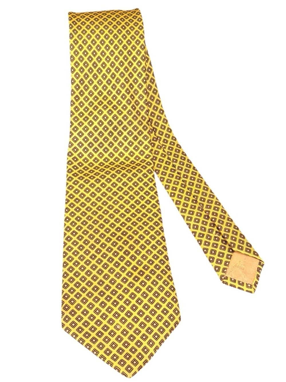 Aquascutum of London Silk Tie Yellow Navy Diamond Foulard Geometric British